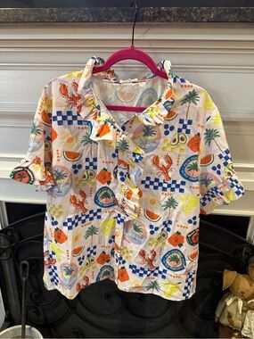 Women's White Tropical Print Short Sleeve Button-Down Shirt